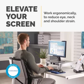 Fellowes tietokoneen näytönjalusta 5 korkeusasennolla - Office Suites näytönkorotus säilytyslokerolla - ergonomisesti säädettävä näytönjalusta tietokoneelle - enint. paino 36 kg/enint. koko 28