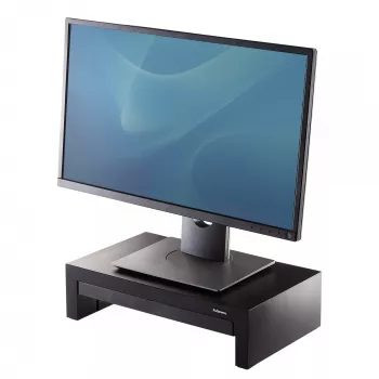 Fellowes tietokoneen näytönjalusta 3 korkeusasennolla - Designer Suites näytönkorotus säilytyslokerolla - ergonomisesti säädettävä näytönjalusta tietokoneelle - enint. paino 18 kg / enint. koko 21 inch - musta/helmenvalkoinen