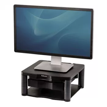 Fellowes tietokoneen näytönjalusta 3 korkeusasennolla – Premium Monitor Riser Plus kaapelinhallinnalla – ergonomisesti säädettävä näytönjalusta tietokoneelle – enint. paino 36 kg / enint. koko 21