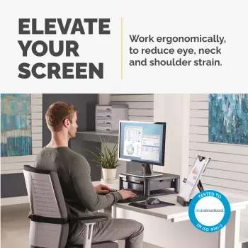 Fellowes tietokoneen näytönjalusta 3 korkeusasennolla – Premium Monitor Riser Plus kaapelinhallinnalla – ergonomisesti säädettävä näytönjalusta tietokoneelle – enint. paino 36 kg / enint. koko 21