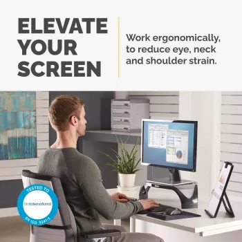 Fellowes tietokoneen monitoriteline 3 korkeusasennolla - Smart Suites monitorikoroke - ergonomisesti säädettävä monitoriteline tietokoneelle - enint. paino 10 kg/enint. koko 21 inch - musta