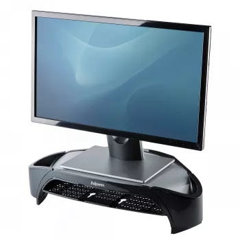Fellowes tietokoneen monitoriteline 3 korkeusasennolla – Smart Suites Monitor Riser Plus säilytystilalla – ergonominen säädettävä monitoriteline tietokoneelle – enint. paino 10 kg/enint. koko 21 inch – musta