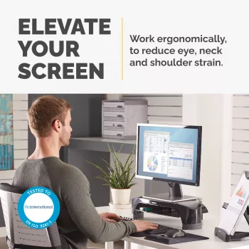 Fellowes tietokoneen monitoriteline 3 korkeusasennolla – Smart Suites Monitor Riser Plus säilytystilalla – ergonominen säädettävä monitoriteline tietokoneelle – enint. paino 10 kg/enint. koko 21 inch – musta