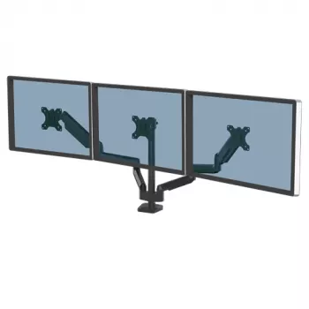 Fellowes Platinum Series kolmoismonitorivarsi – monitoriteline kolmelle 7 kg:n 27 inch näytölle – säädettävä kolmoismonitorin pöytäteline – kallistus 45°, kääntö 180°, pyöritys 360°, VESA 75 x 75/100 x 100 – musta