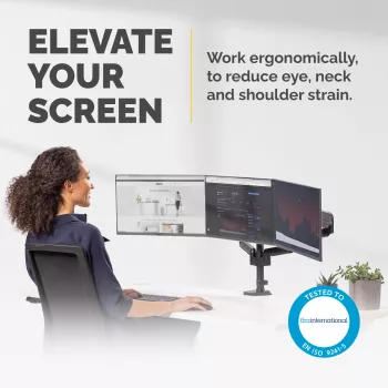 Fellowes Platinum Series kolmoismonitorivarsi – monitoriteline kolmelle 7 kg:n 27 inch näytölle – säädettävä kolmoismonitorin pöytäteline – kallistus 45°, kääntö 180°, pyöritys 360°, VESA 75 x 75/100 x 100 – musta