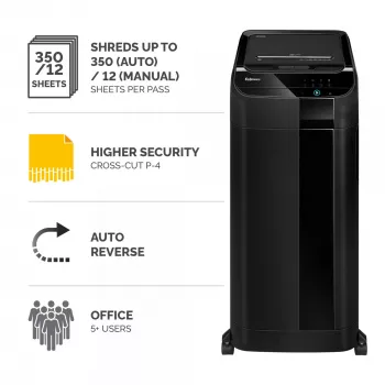 Fellowes silppuri 350 arkin automaattisyöttö, osasilppuava silppuri AutoMax 350C, 68 litran säiliö, korkea turvallisuus P4