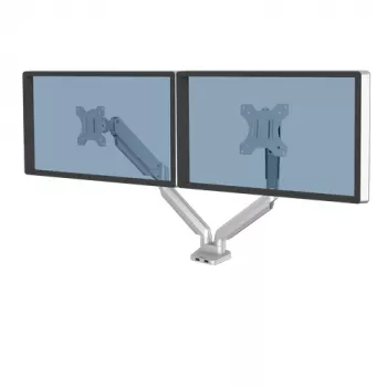 Fellowes Platinum Series Dual Monitor Arm - näyttöteline kahdelle 8 kg 40 tuuman näytölle - säädettävä kaksoisnäytön pöytäteline - kallistus 45° kääntö 180ᵒ pyöritys 360ᵒ, VESA 75 x 75/100 x 100 - hopea