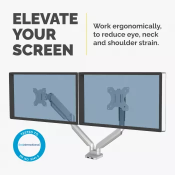 Fellowes Platinum Series Dual Monitor Arm - näyttöteline kahdelle 8 kg 40 tuuman näytölle - säädettävä kaksoisnäytön pöytäteline - kallistus 45° kääntö 180ᵒ pyöritys 360ᵒ, VESA 75 x 75/100 x 100 - hopea