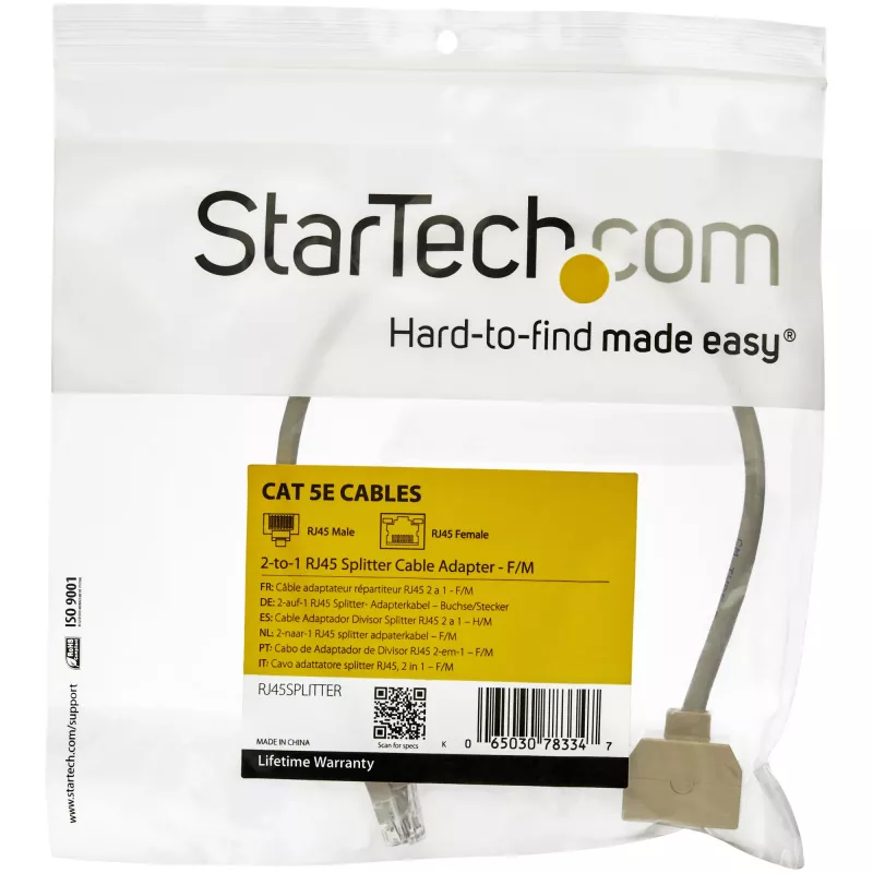 StarTech.com 2–1 RJ45 jakokaapeliadapteri – naaras/uros, 10/100Base-T(X), Cat5e, harmaa, polyvinyylikloridi (PVC), 0,33 m, uros/naaras