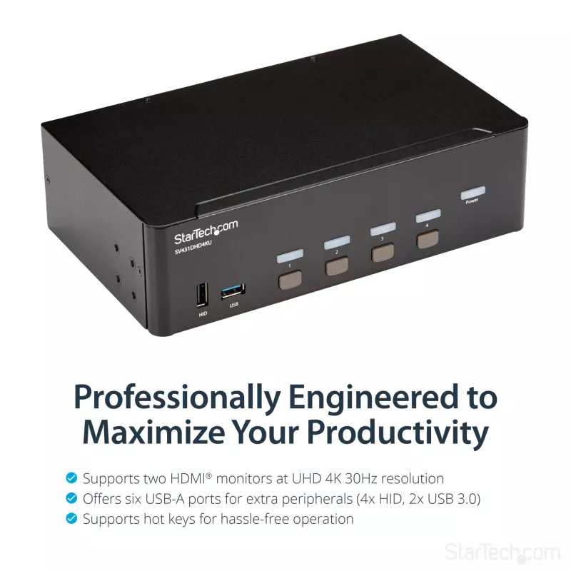 StarTech.com 4 portin HDMI KVM-kytkin – 4K 30Hz – kahden näytön tuki