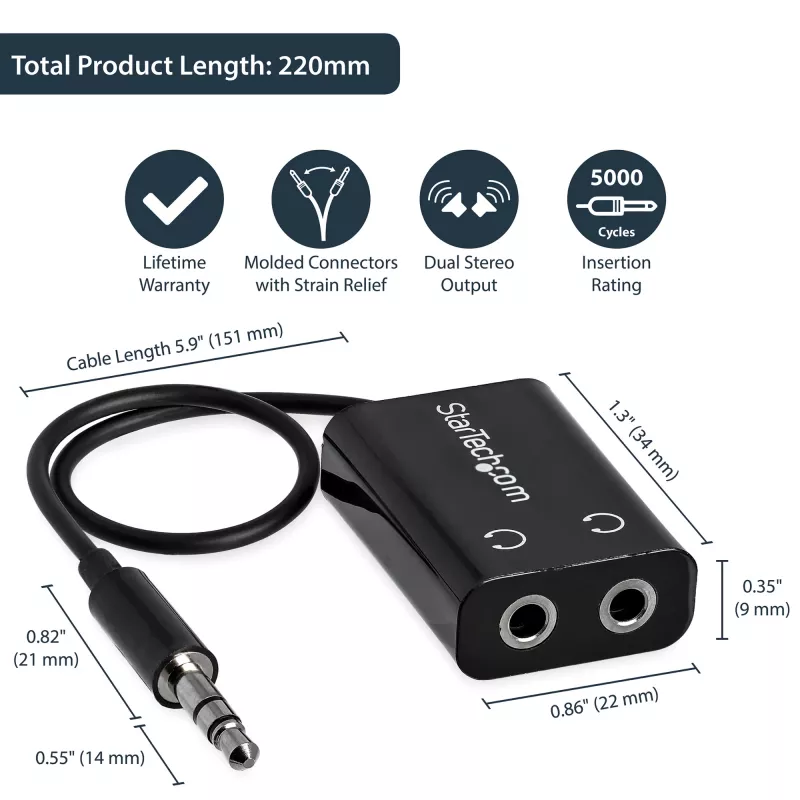 StarTech.com musta ohut Mini-jakki-kuulokehaarottaja-adapterikaapeli – 3,5 mm uros - 2x 3,5 mm naaras