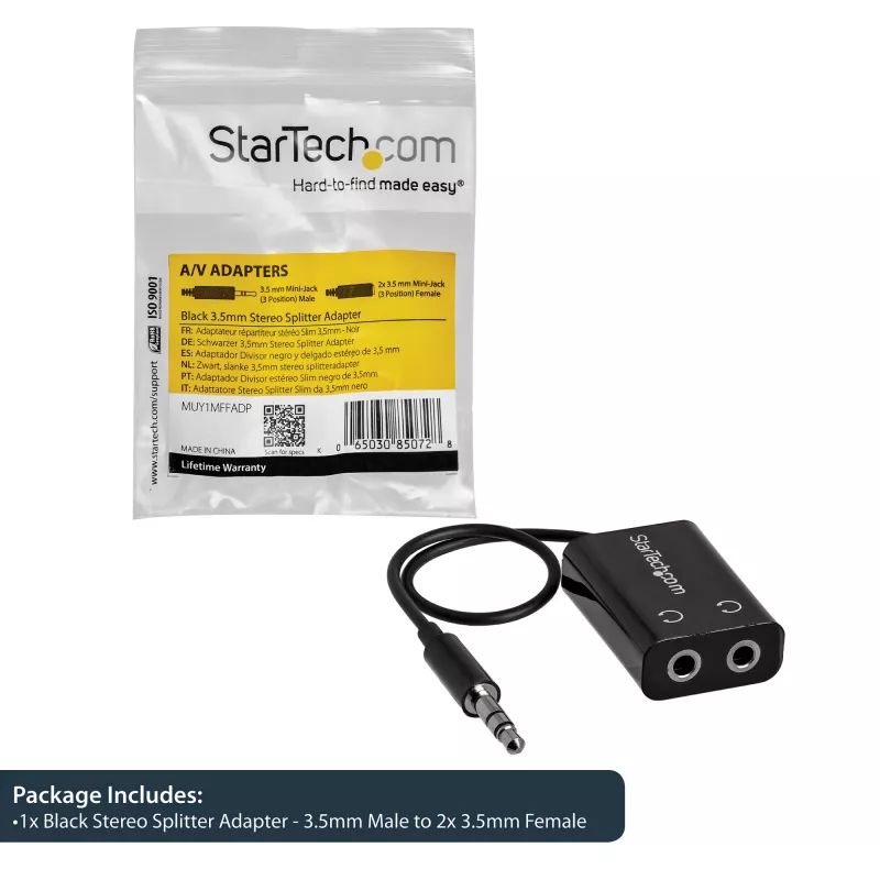 StarTech.com musta ohut Mini-jakki-kuulokehaarottaja-adapterikaapeli – 3,5 mm uros - 2x 3,5 mm naaras