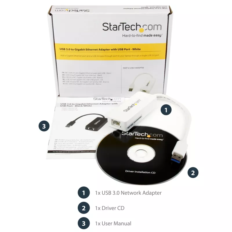 StarTech.com USB 3.0 - Gigabit Ethernet -adapteri NIC USB-portilla – valkoinen