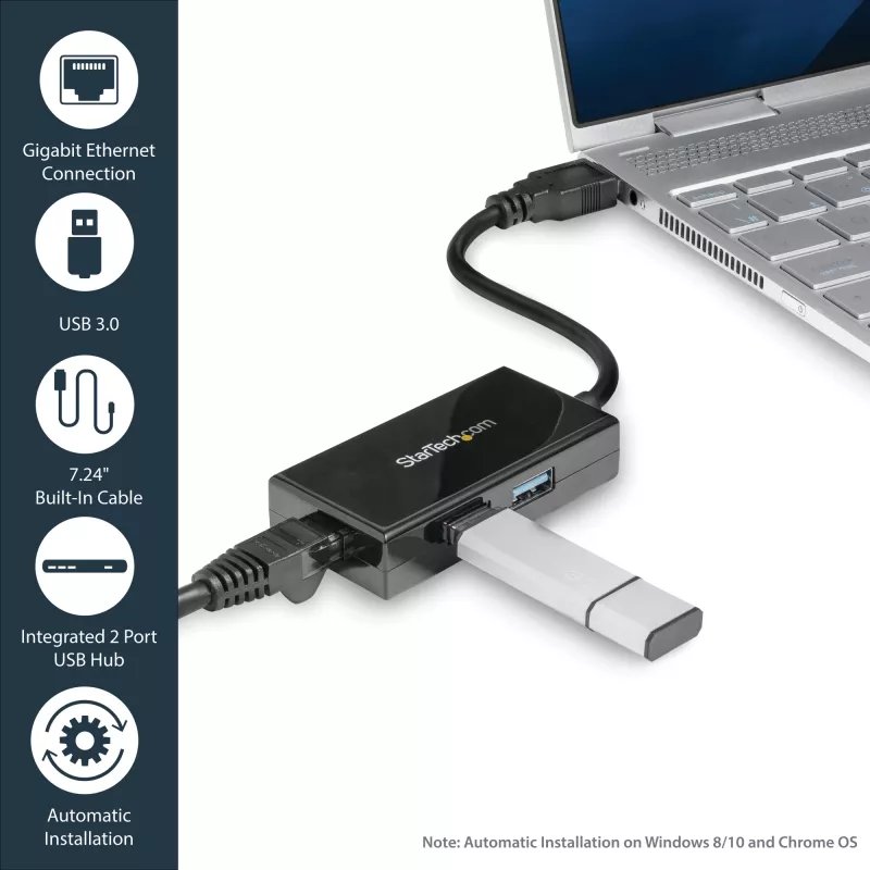 StarTech.com USB-Ethernet-sovitin, USB 3.0 – 10/100/1000 Gigabit Ethernet LAN -muunnin kannettaviin, 11,8″/30 cm kiinteä kaapeli, USB-RJ45-sovitin, NIC-sovitin, USB-verkkosovitin