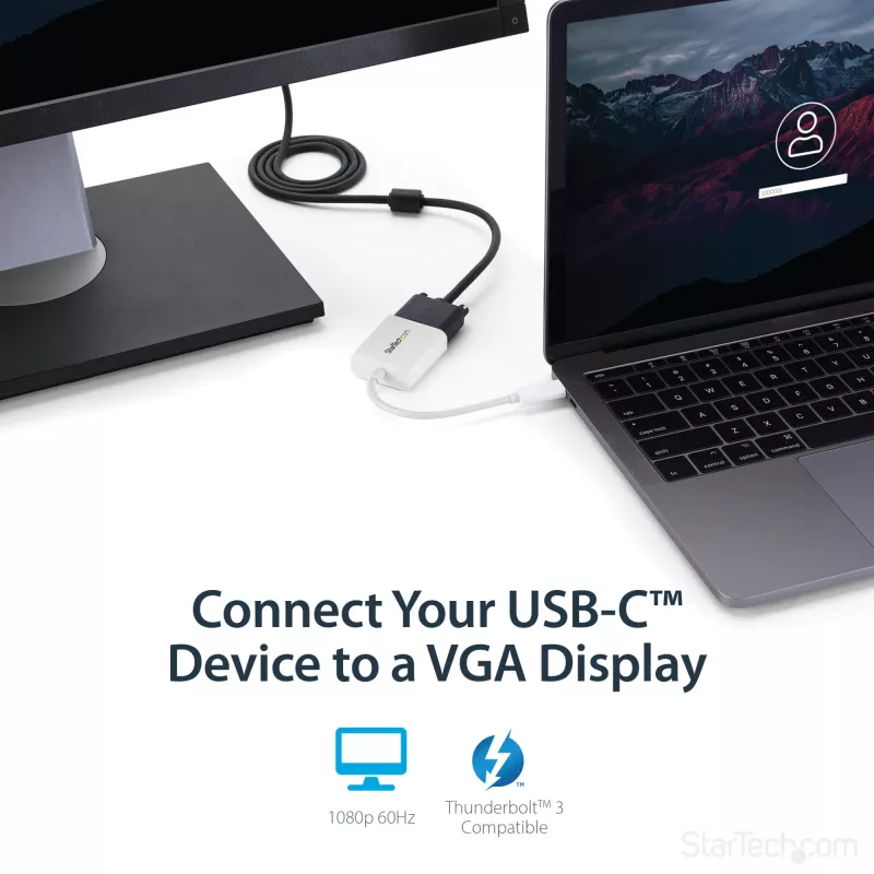 StarTech.com USB-C-VGA-sovitin – valkoinen, 3.2 Gen 1 (3.1 Gen 1), USB Type-C, VGA (D-Sub) -lähtö, 1920 x 1200 pikseliä
