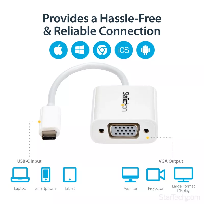 StarTech.com USB-C-VGA-sovitin – valkoinen, 3.2 Gen 1 (3.1 Gen 1), USB Type-C, VGA (D-Sub) -lähtö, 1920 x 1200 pikseliä