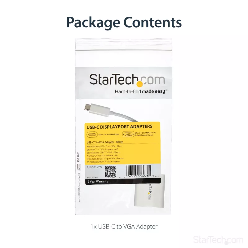 StarTech.com USB-C-VGA-sovitin – valkoinen, 3.2 Gen 1 (3.1 Gen 1), USB Type-C, VGA (D-Sub) -lähtö, 1920 x 1200 pikseliä