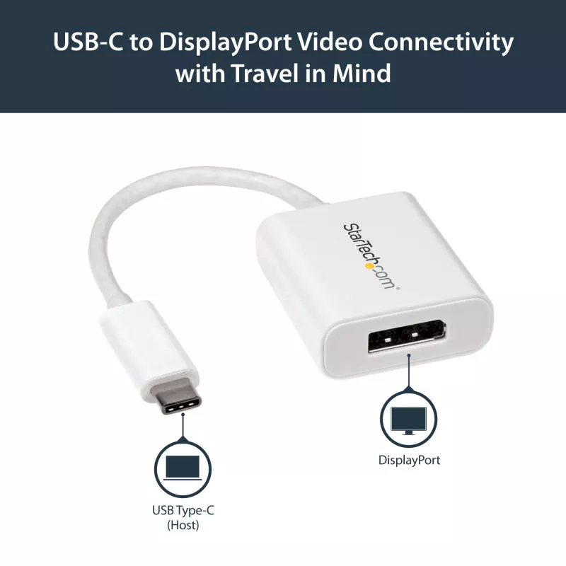 StarTech.com USB-C-DisplayPort-sovitin – 4K 60Hz/8K 30Hz – USB Type-C - DP 1.4 HBR2 -sovitindongle – kompakti USB-C (DP Alt Mode) -näytön videomuunnin – Thunderbolt 3 -yhteensopiva – valkoinen