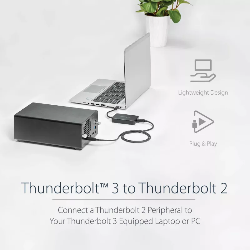 StarTech.com Thunderbolt 3 - Thunderbolt 2 -sovitin – TB3-kannettava TB2-näyttöihin ja -laitteisiin – Thunderbolt 2 20 Gbit/s tai Thunderbolt 1 10 Gbit/s -muunnin – Thunderbolt 3 -sertifioitu – Windows/Mac