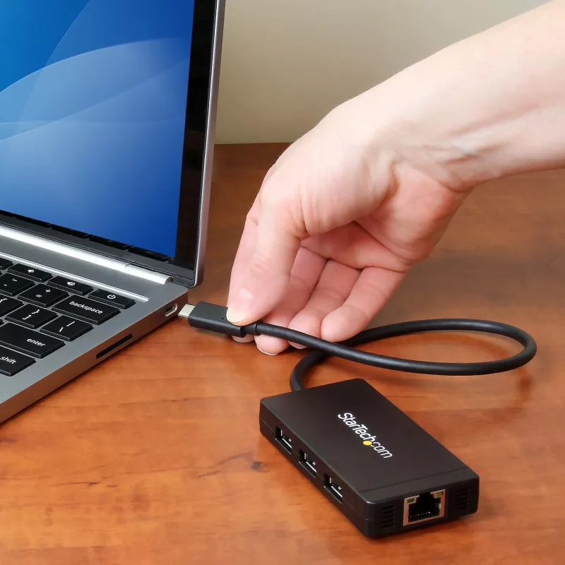 StarTech.com 3-porttinen USB 3.0 -keskitin ja Gigabit Ethernet – USB-C – sis. verkkolaitteen