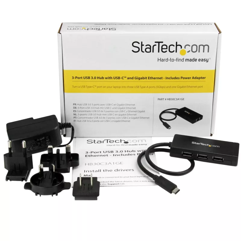 StarTech.com 3-porttinen USB 3.0 -keskitin ja Gigabit Ethernet – USB-C – sis. verkkolaitteen