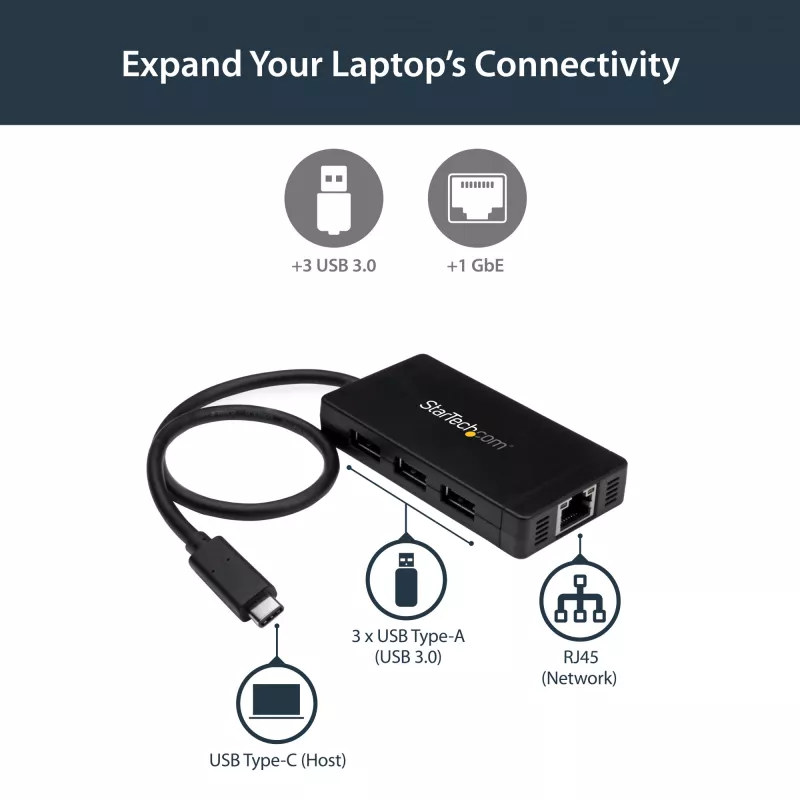 StarTech.com 3-porttinen USB 3.0 -keskitin ja Gigabit Ethernet – USB-C – sis. verkkolaitteen