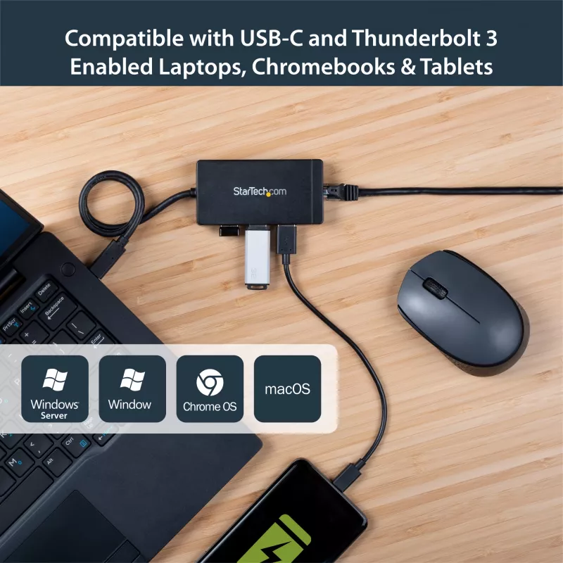 StarTech.com 3-porttinen USB 3.0 -keskitin ja Gigabit Ethernet – USB-C – sis. verkkolaitteen
