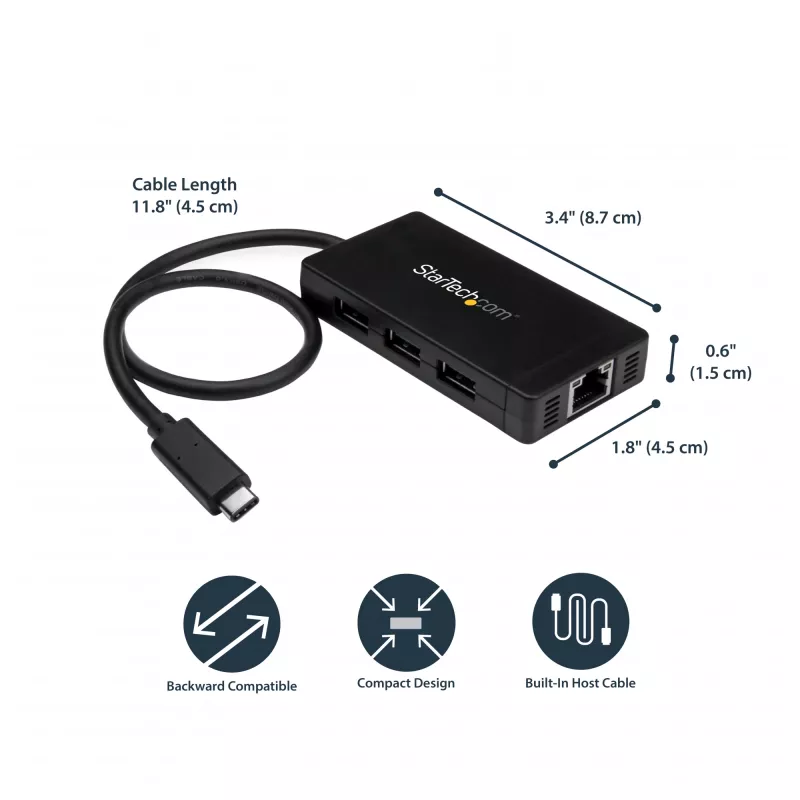 StarTech.com 3-porttinen USB 3.0 -keskitin ja Gigabit Ethernet – USB-C – sis. verkkolaitteen