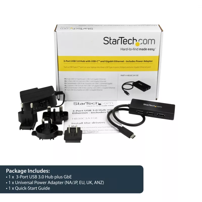 StarTech.com 3-porttinen USB 3.0 -keskitin ja Gigabit Ethernet – USB-C – sis. verkkolaitteen