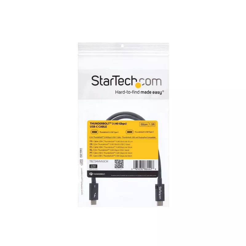 StarTech.com 0,5 m Thunderbolt 3 (40 Gbit/s) USB-C -kaapeli – yhteensopiva Thunderbolt-, USB- ja DisplayPort-liitäntöjen kanssa