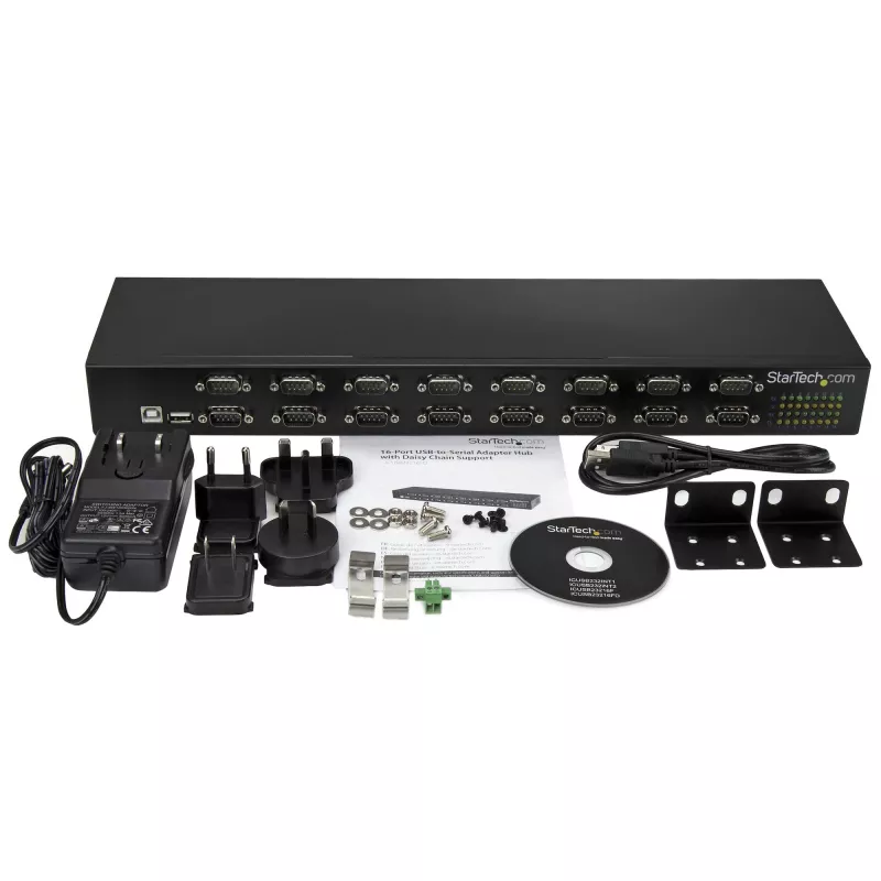 StarTech.com 16-porttinen USB-sarjaporttisovitin-keskitin, USB 2.0 Type-B, sarjaportti, 480 Mbit/s, musta, teräs, 36 W