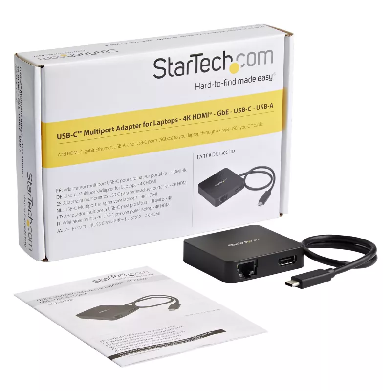 StarTech.com USB-C-moniporttisovitin – kannettava USB-C-minitelakka 4K-HDMI-videolla – Gigabit Ethernet, USB 3.0 -keskitin (1x USB-A, 1x USB-C) – USB Type-C -moniporttisovitin – Thunderbolt 3 -yhteensopiva