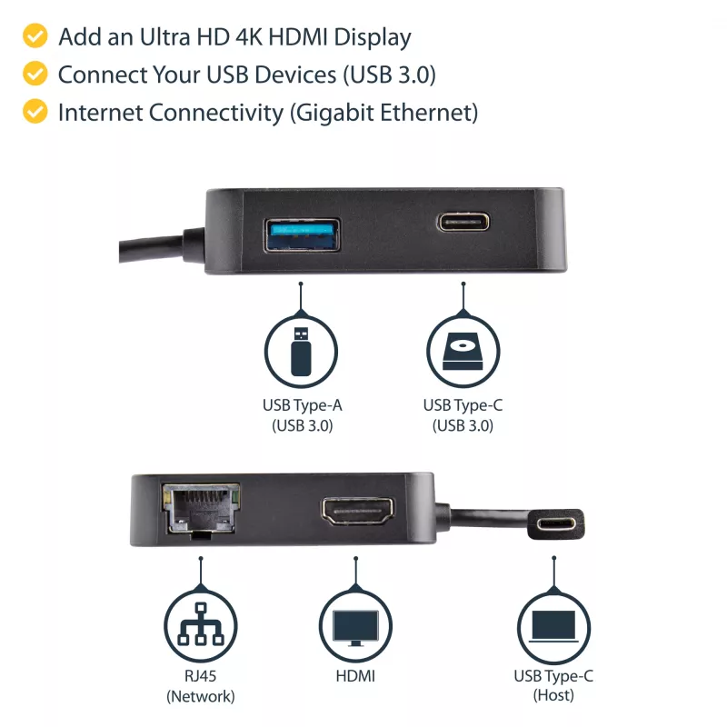 StarTech.com USB-C-moniporttisovitin – kannettava USB-C-minitelakka 4K-HDMI-videolla – Gigabit Ethernet, USB 3.0 -keskitin (1x USB-A, 1x USB-C) – USB Type-C -moniporttisovitin – Thunderbolt 3 -yhteensopiva