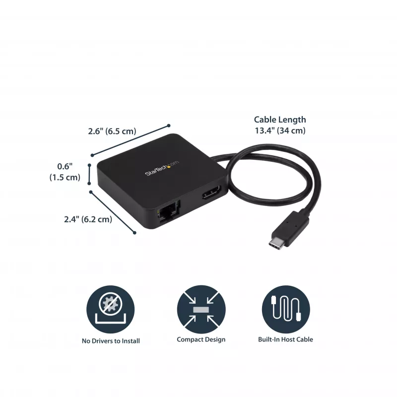 StarTech.com USB-C-moniporttisovitin – kannettava USB-C-minitelakka 4K-HDMI-videolla – Gigabit Ethernet, USB 3.0 -keskitin (1x USB-A, 1x USB-C) – USB Type-C -moniporttisovitin – Thunderbolt 3 -yhteensopiva