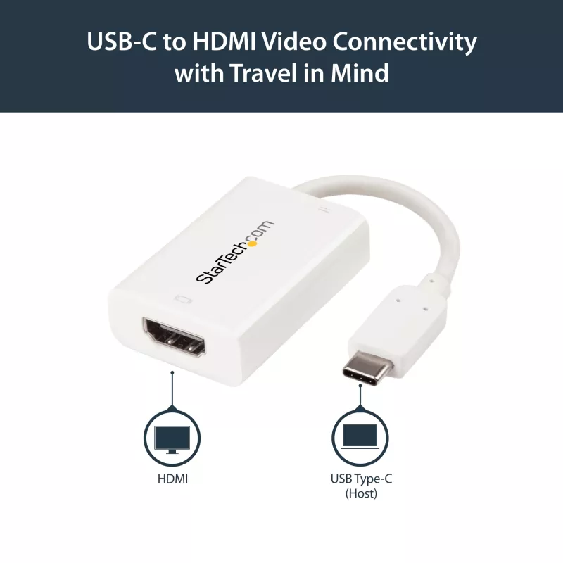 StarTech.com USB-C - HDMI 2.0 -adapteri Power Delivery -toiminnolla – 4K 60Hz USB Type-C - HDMI -näytön videomuunnin – 60W PD läpivientilatausportti – Thunderbolt 3 -yhteensopiva – valkoinen