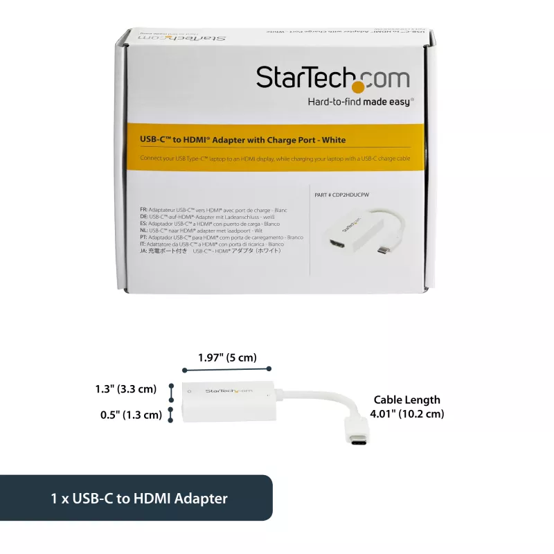 StarTech.com USB-C - HDMI 2.0 -adapteri Power Delivery -toiminnolla – 4K 60Hz USB Type-C - HDMI -näytön videomuunnin – 60W PD läpivientilatausportti – Thunderbolt 3 -yhteensopiva – valkoinen