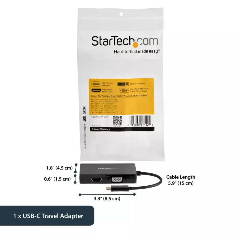 StarTech.com USB-C-moniporttivideosovitin – 3-in-1 – 4K 30 Hz – musta