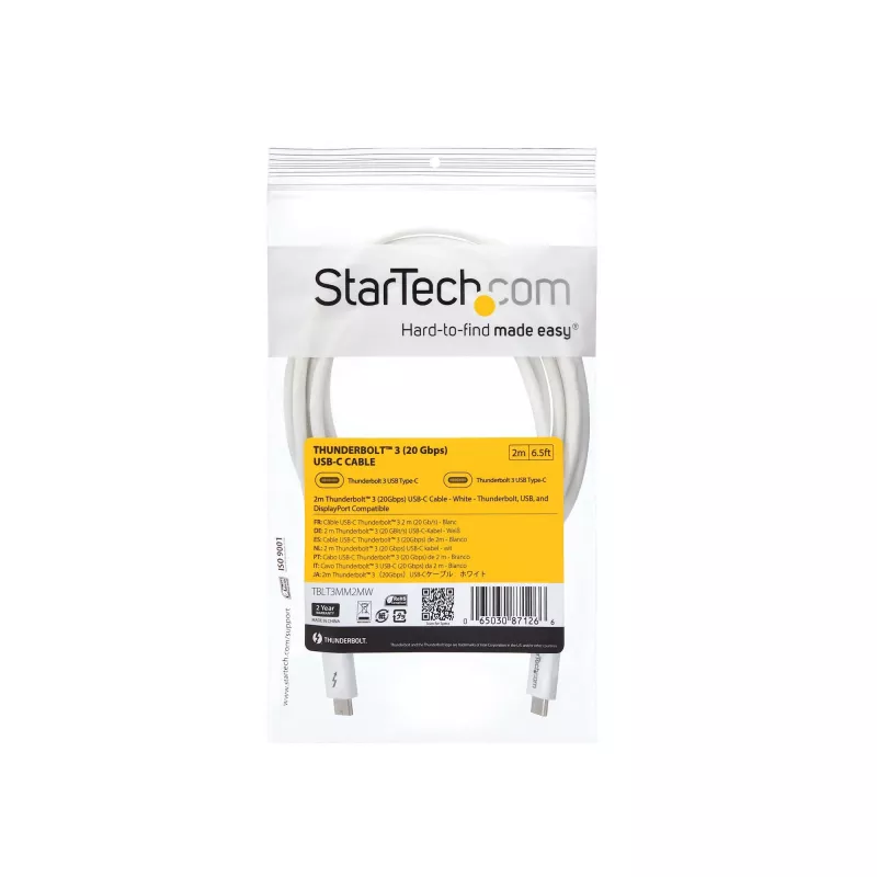 StarTech.com Thunderbolt 3 -kaapeli – 20 Gbit/s – 2 m – valkoinen – Thunderbolt-, USB- ja DisplayPort-yhteensopiva