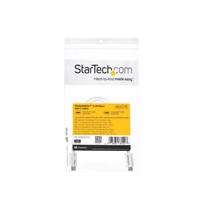 StarTech.com Thunderbolt 3 -kaapeli – 40 Gbit/s – 0,5 m – valkoinen – Thunderbolt-, USB- ja DisplayPort-yhteensopiva