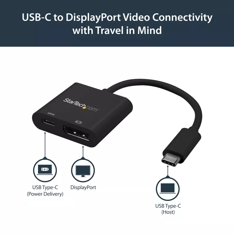 StarTech.com USB-C - DisplayPort-adapteri Power Delivery -toiminnolla – 4K 60Hz HBR2 – USB Type-C - DP 1.2 -näytön videomuunnin latauksella – 60W PD läpivienti – Thunderbolt 3 -yhteensopiva