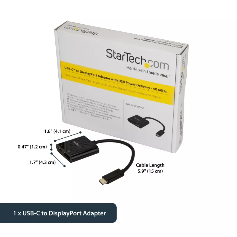 StarTech.com USB-C - DisplayPort-adapteri Power Delivery -toiminnolla – 4K 60Hz HBR2 – USB Type-C - DP 1.2 -näytön videomuunnin latauksella – 60W PD läpivienti – Thunderbolt 3 -yhteensopiva