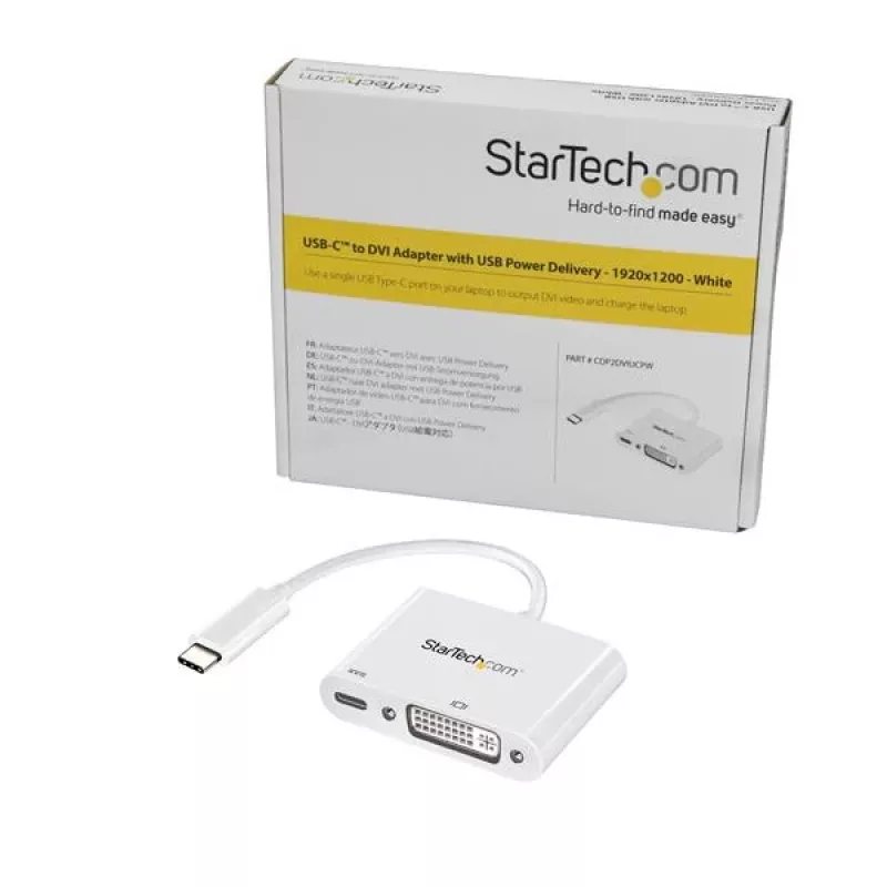 StarTech.com USB-C - DVI-sovitin Power Delivery -toiminnolla – 1080p USB Type-C - DVI-D Single Link -videomuunnin laturilla – 60 W PD -läpivienti – Thunderbolt 3 -yhteensopiva – valkoinen