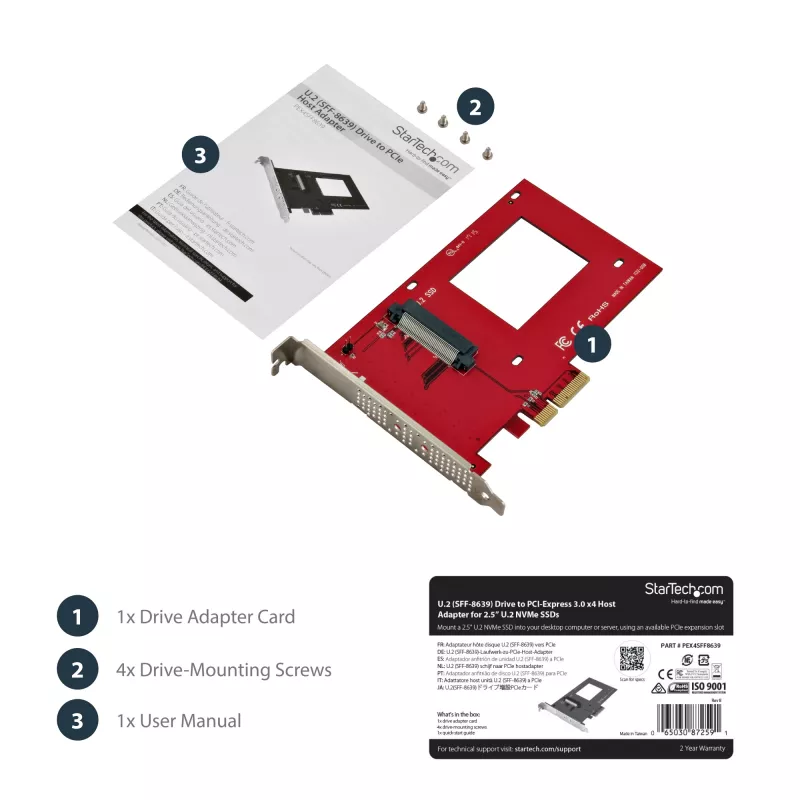 StarTech.com PEX4SFF8639 U.2-PCIe-sovitin 2,5 tuuman U.2 NVMe SSD -levylle, SFF-8639, x4 PCIe 3.0