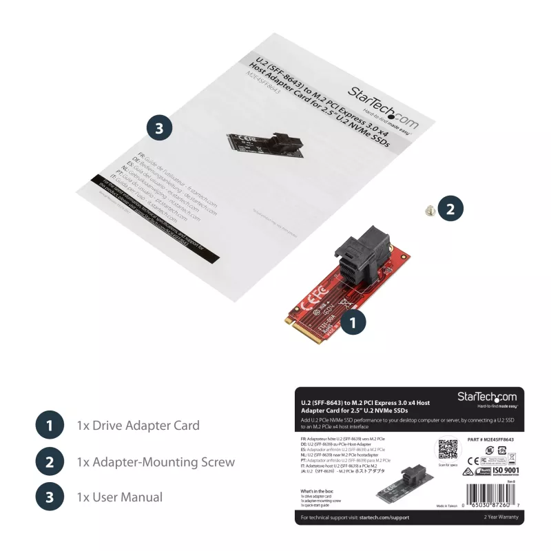 StarTech.com U.2 (SFF-8643) - M.2 PCI Express 3.0 x4 -isäntäsovitinkortti 2,5” U.2 NVMe SSD:lle