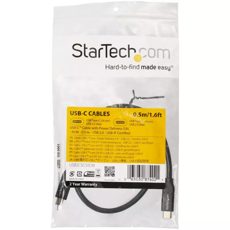 StarTech.com USB-C - USB-C -kaapeli 5A PD - M/M - 0,5 m - USB 2.0 - USB-IF-sertifioitu