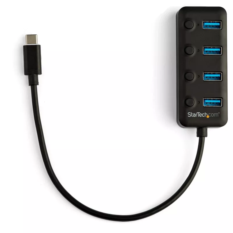 StarTech.com 4-porttinen USB-C-keskitin – USB-C - 4x USB 3.0 Type-A -liitäntää erillisillä porttikohtaisilla virtakytkimillä – SuperSpeed 5 Gbit/s USB 3.1/3.2 Gen 1 – USB-väylävirta – kannettava – 25 cm kiinteä kaapeli