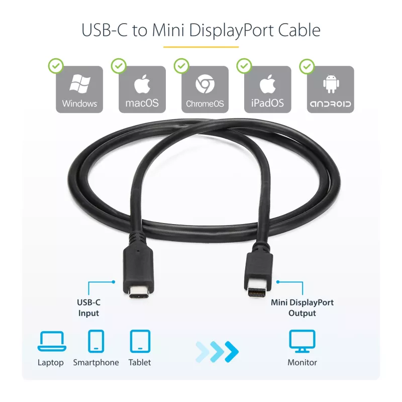 StarTech.com 6 ft. (1,8 m) USB-C - Mini DisplayPort -kaapeli - 4K 60Hz - musta