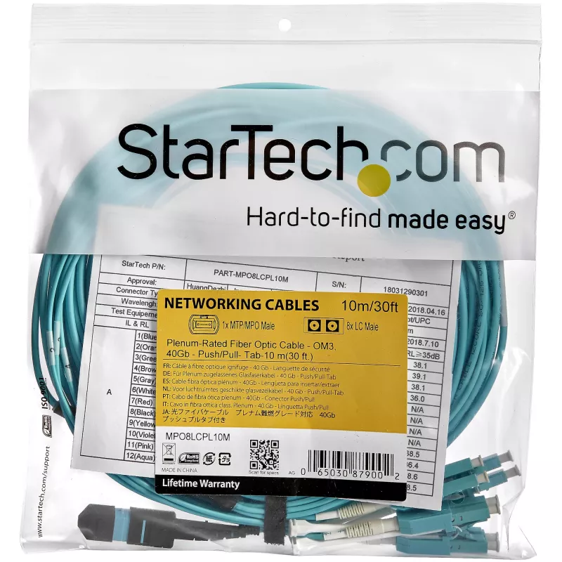 StarTech.com 10m (30ft) MTP(F)/PC - 4x LC/PC Duplex Breakout OM3 monimuotokuitu-kaapeli, OFNP Plenum, 40G verkot, pieni lisävaimennus - kuitupatch-kaapeli