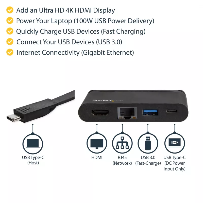 StarTech.com USB-C-moniporttisovitin - kannettava USB-C-telakka 4K HDMI:llä - 100W PD 3.0 -läpivienti, 1x USB-A, 1x USB-C, GbE - Thunderbolt 3 & USB Type-C kannettavan matkatelakka - Mac & Windows