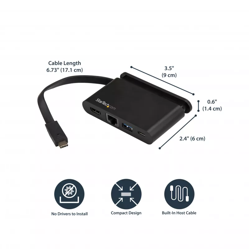 StarTech.com USB-C-moniporttisovitin - kannettava USB-C-telakka 4K HDMI:llä - 100W PD 3.0 -läpivienti, 1x USB-A, 1x USB-C, GbE - Thunderbolt 3 & USB Type-C kannettavan matkatelakka - Mac & Windows
